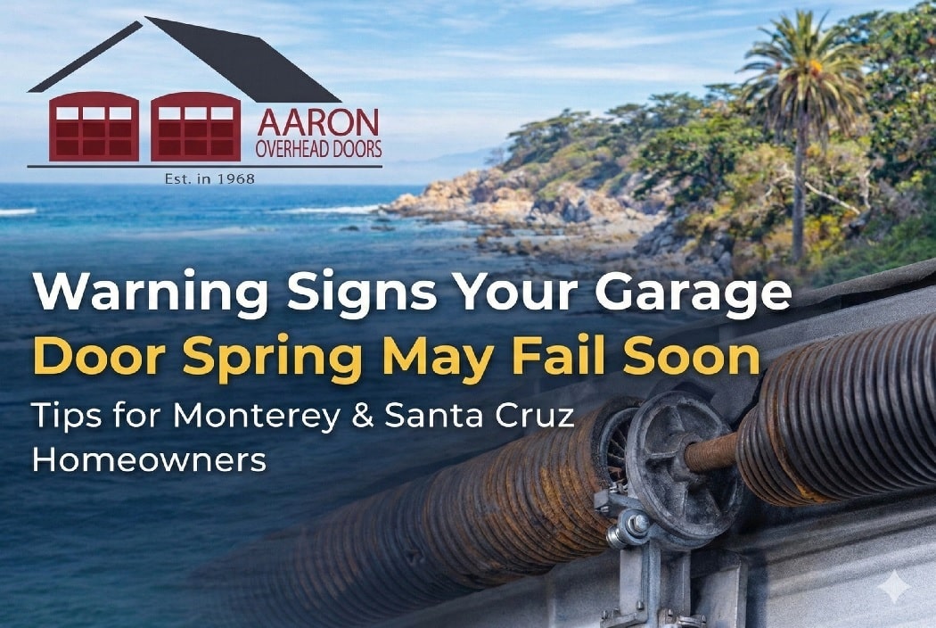 Rusted garage door torsion spring against a scenic Monterey coastline background.
